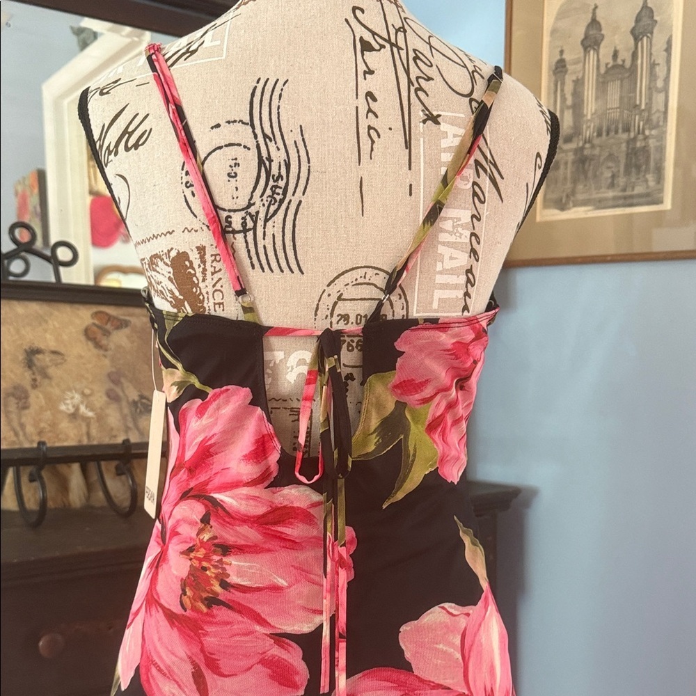 Persaya Black and Pink Floral Print Adjustable Strap Mesh Maxi Dress NWT - Picture 6 of 14
